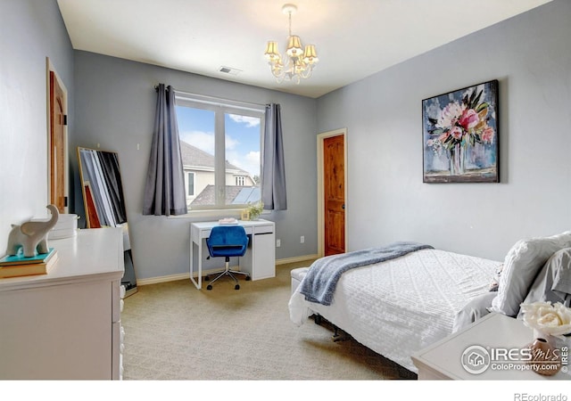 bedroom featuring carpet floors, visible vents, baseboards, and an inviting chandelier