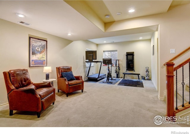 living area with recessed lighting, carpet flooring, visible vents, baseboards, and stairway