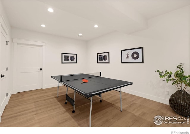 510 Wood St, Fort Collins, CO 80521 - rec room with baseboards, light wood-style flooring, and recessed lighting