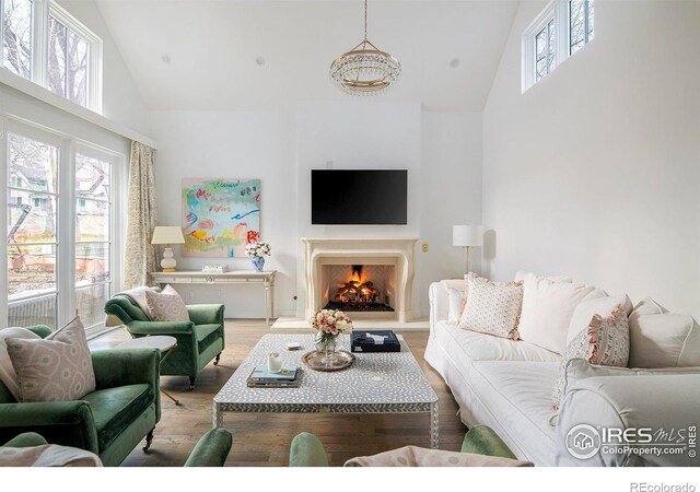 living area featuring high vaulted ceiling, a warm lit fireplace, and light wood finished floors