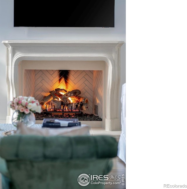 room details with a warm lit fireplace