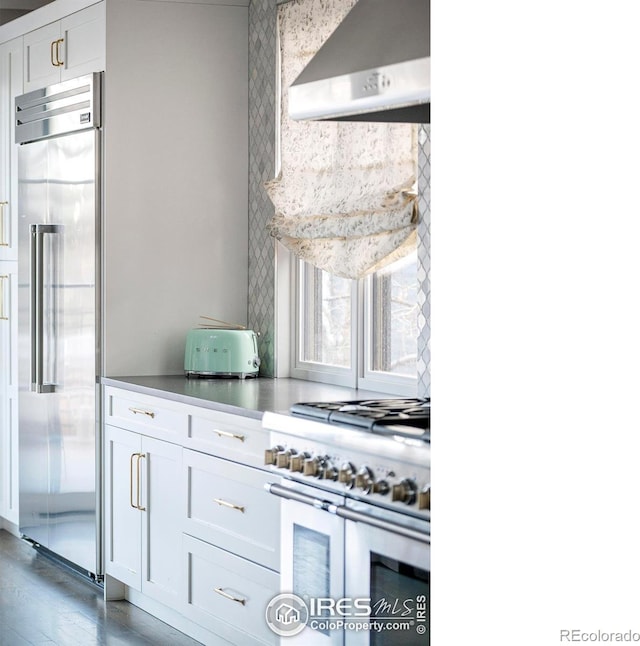 kitchen with premium appliances, exhaust hood, and white cabinetry