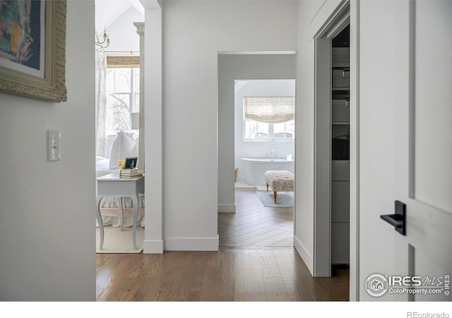 hall with baseboards and wood finished floors