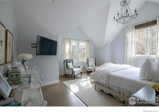 bedroom featuring lofted ceiling, baseboards, wood finished floors, and a notable chandelier