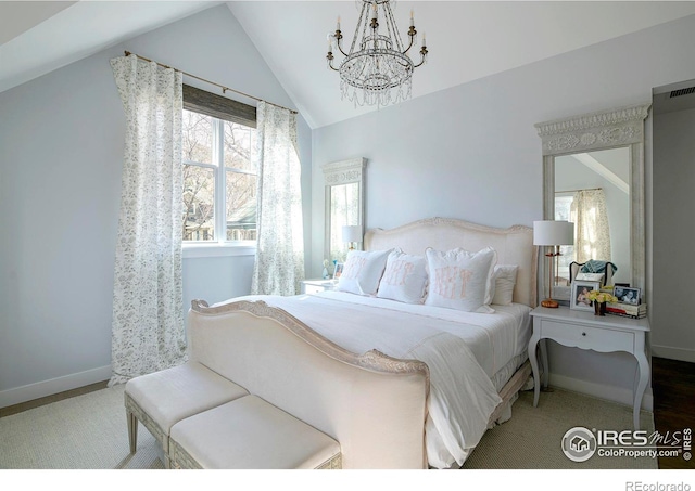 bedroom with baseboards, a chandelier, and vaulted ceiling