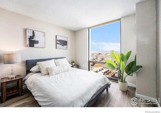 bedroom with floor to ceiling windows, wood finished floors, and baseboards