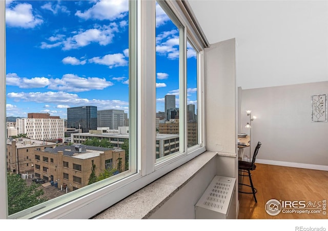 interior space with baseboards, a city view, and wood finished floors