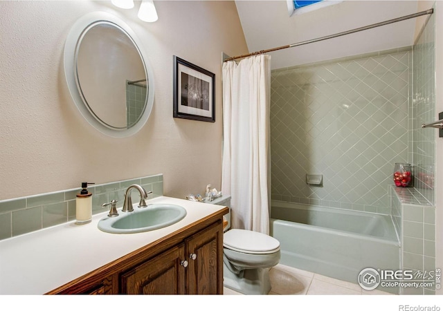 bathroom with tile patterned flooring, shower / bathtub combination with curtain, toilet, and vanity