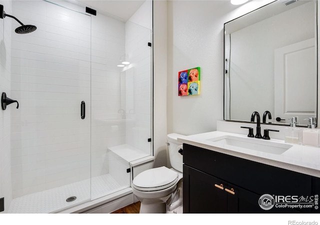 bathroom featuring toilet, a stall shower, and vanity