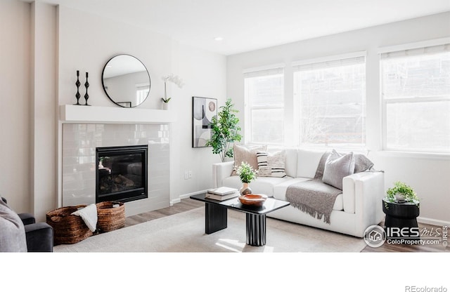 living room with wood finished floors, a glass covered fireplace, and baseboards