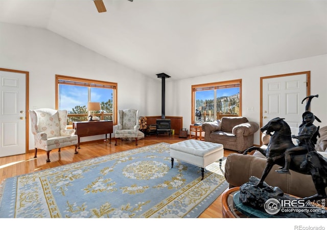 living room featuring vaulted ceiling, wood finished floors, and a wood stove