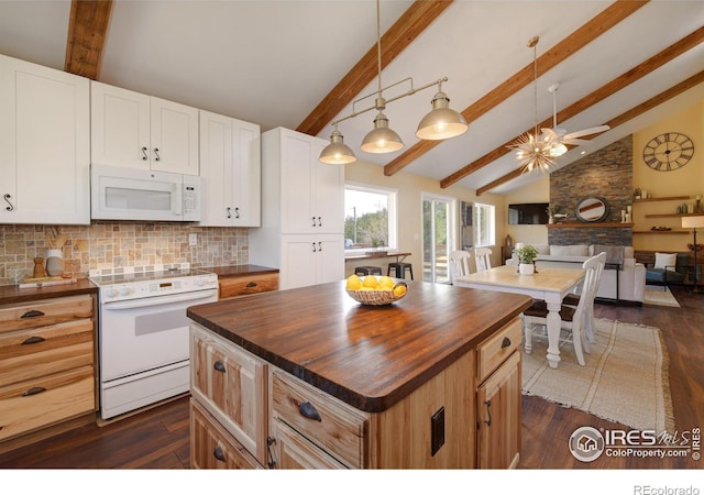 kitchen with white appliances, decorative backsplash, dark wood-style floors, butcher block countertops, and open floor plan