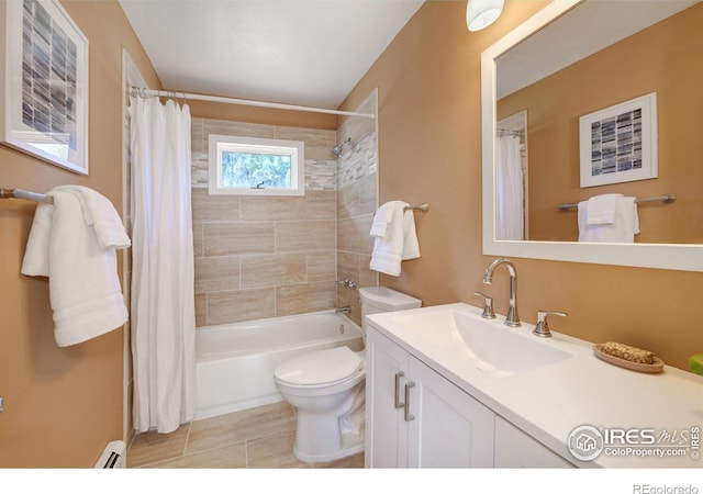 bathroom featuring toilet, a baseboard radiator, shower / tub combo with curtain, tile patterned floors, and vanity