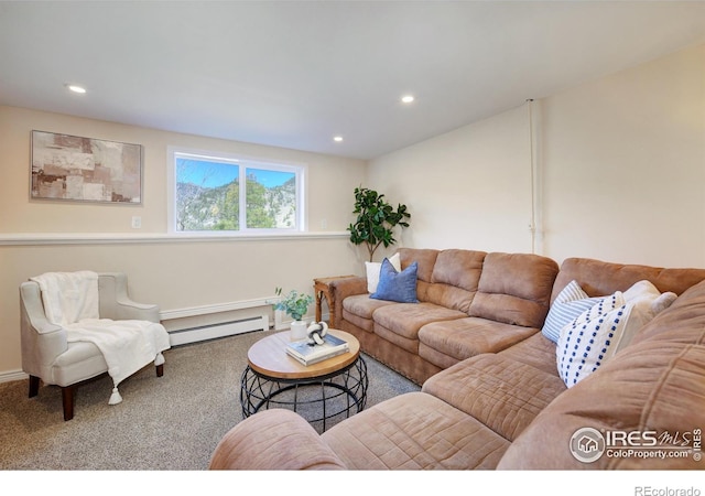 living area with carpet, baseboard heating, and recessed lighting