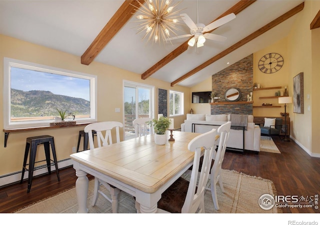 dining room featuring high vaulted ceiling, a baseboard heating unit, wood finished floors, a chandelier, and beamed ceiling