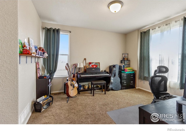 carpeted office space featuring visible vents and baseboards