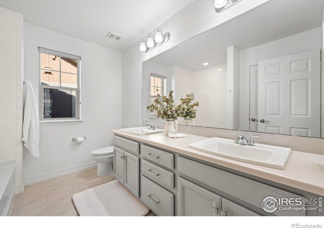 full bath featuring tile patterned floors, visible vents, toilet, and a sink