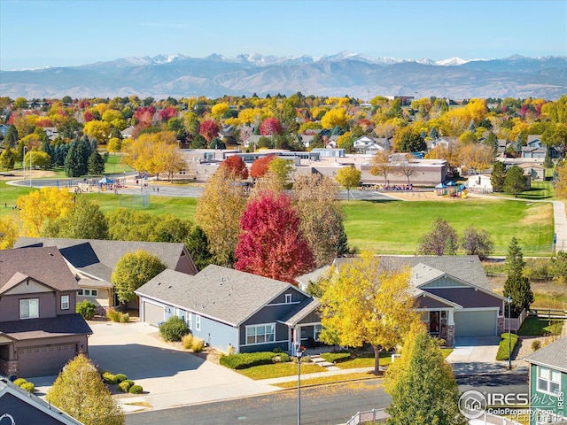 birds eye view of property featuring a residential view and a mountain view