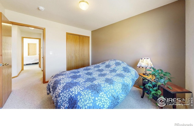 carpeted bedroom with baseboards and a closet