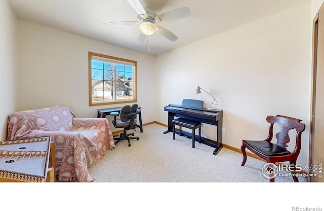 office featuring carpet, baseboards, and ceiling fan