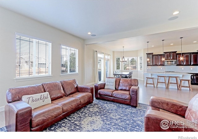 living room with recessed lighting, baseboards, and wood finished floors