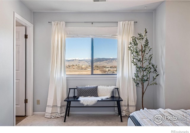 bedroom with carpet floors, visible vents, and baseboards