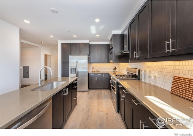 kitchen with dark brown cabinetry, a sink, light wood-style floors, appliances with stainless steel finishes, and tasteful backsplash