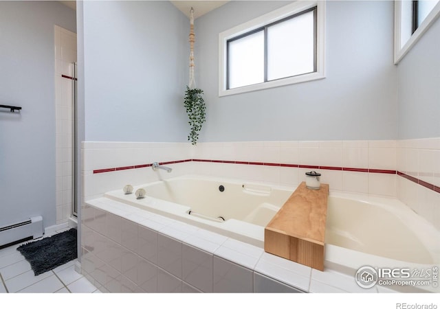 full bath with tile patterned floors, a shower with door, baseboard heating, and a bath