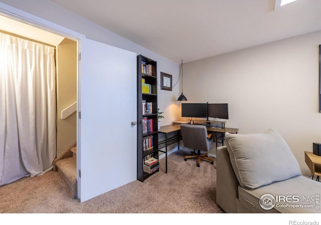 home office with carpet flooring