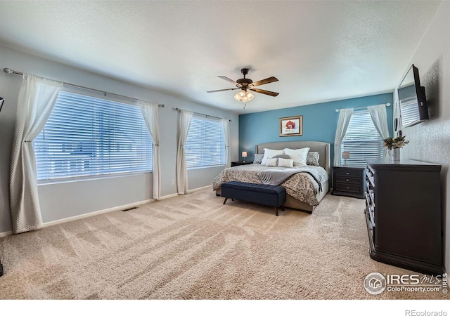 carpeted bedroom with a ceiling fan, multiple windows, baseboards, and a textured ceiling