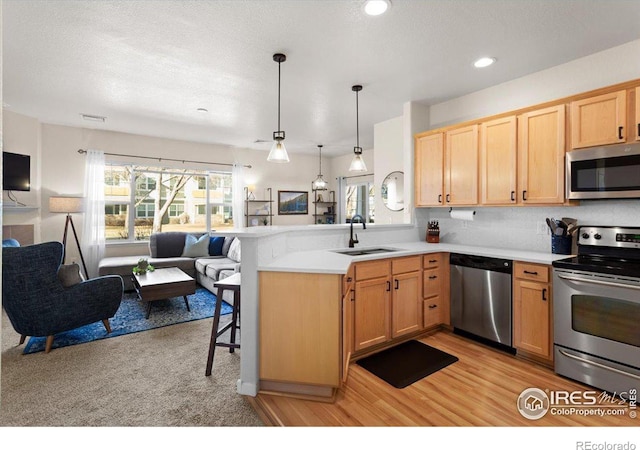 kitchen with open floor plan, a peninsula, light countertops, stainless steel appliances, and a sink