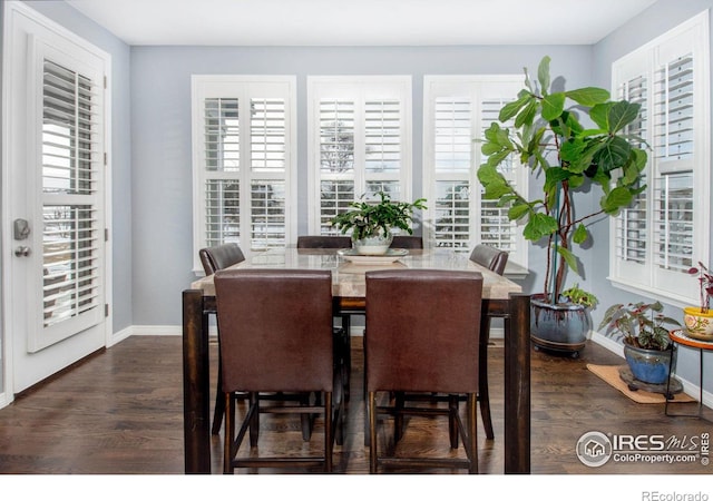 dining room with baseboards, dark wood finished floors, and a wealth of natural light