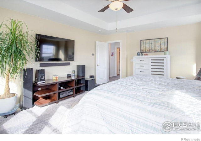 bedroom featuring a ceiling fan and a raised ceiling