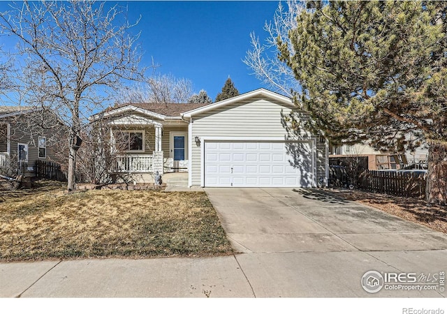 single story home featuring a garage, covered porch, fence, and concrete driveway