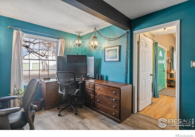 office with a textured ceiling and wood finished floors