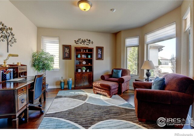 office featuring dark wood-style floors and baseboards