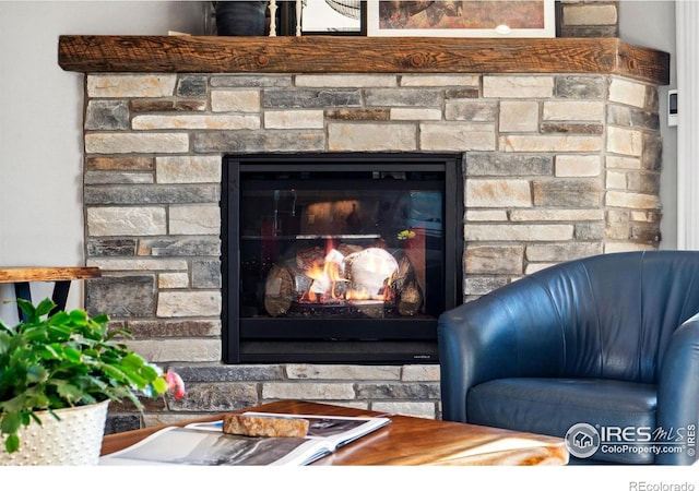 room details with a glass covered fireplace