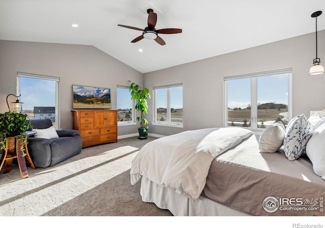 carpeted bedroom with vaulted ceiling, recessed lighting, a ceiling fan, and baseboards