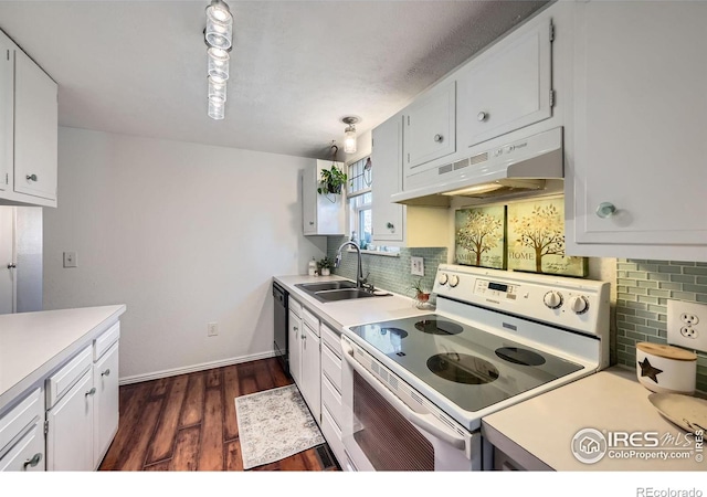 kitchen with under cabinet range hood, white electric range, a sink, white cabinetry, and light countertops