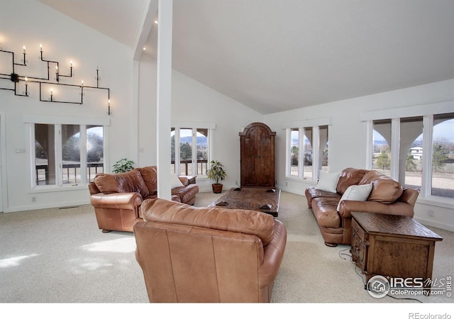 living room with high vaulted ceiling, carpet flooring, visible vents, and baseboards