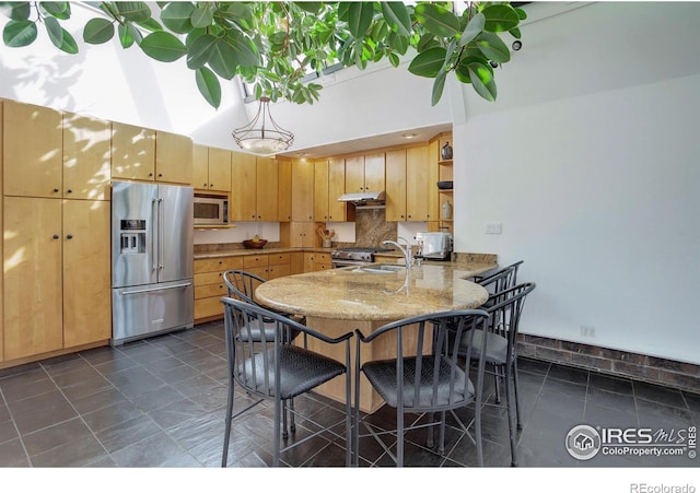 kitchen with open shelves, stainless steel appliances, tasteful backsplash, a peninsula, and under cabinet range hood