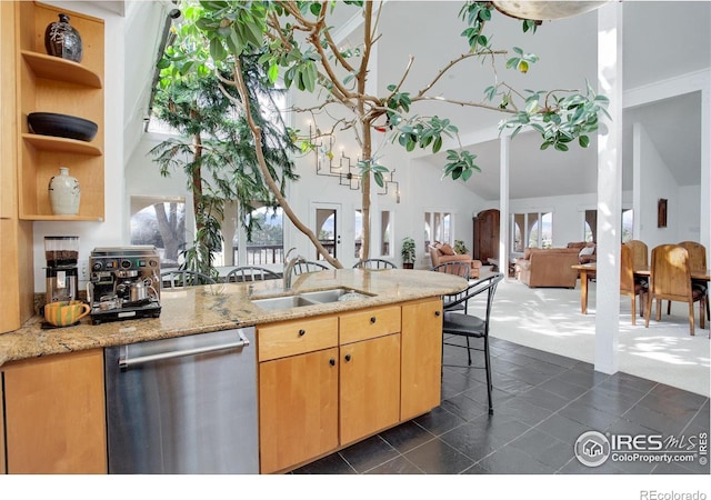 kitchen with high vaulted ceiling, a peninsula, a sink, stainless steel dishwasher, and open shelves