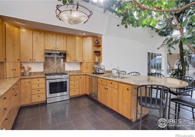 kitchen featuring stainless steel appliances, backsplash, a sink, a peninsula, and under cabinet range hood