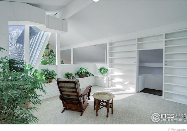 sitting room with carpet flooring and beamed ceiling