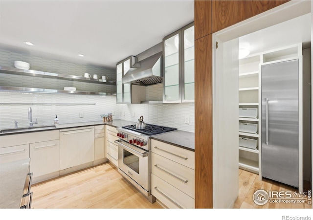 kitchen featuring a sink, high quality appliances, light wood-style floors, decorative backsplash, and wall chimney exhaust hood