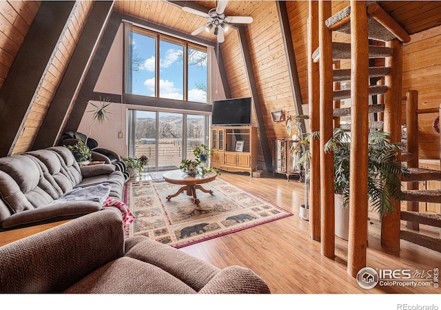 living area featuring high vaulted ceiling, wooden ceiling, wooden walls, wood finished floors, and beamed ceiling