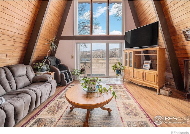 living area featuring wooden ceiling, wooden walls, high vaulted ceiling, and wood finished floors