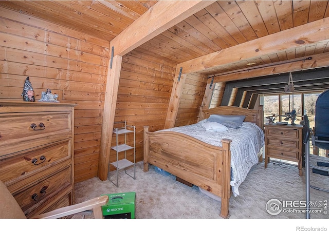 carpeted bedroom with wood ceiling, beam ceiling, and wooden walls