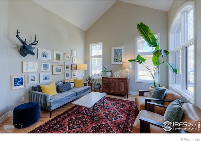 living area featuring high vaulted ceiling, baseboards, and wood finished floors