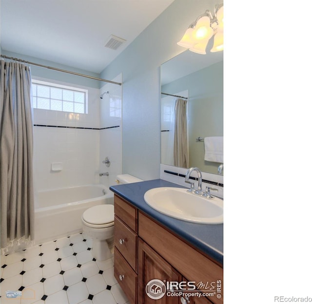 full bath with toilet, shower / tub combo, vanity, and visible vents